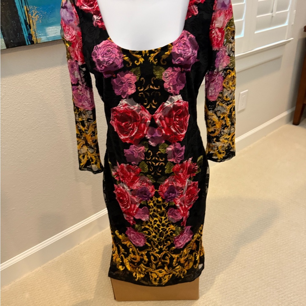 VENUS Black Dress with Pink and Gold Floral Design